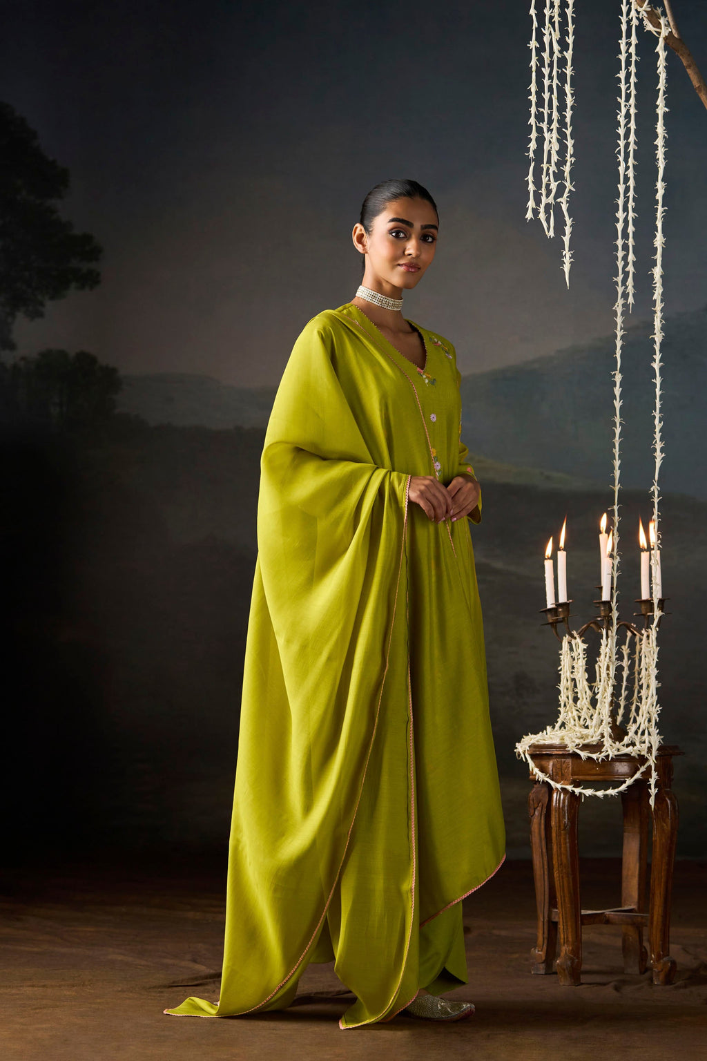 Lime Green Floral Embroidered Kurta Set