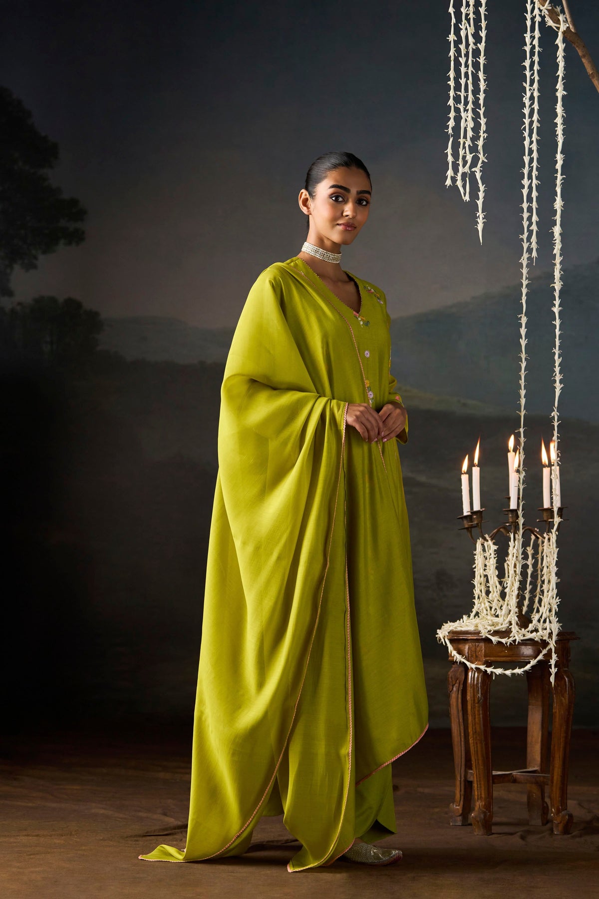 Lime Green Floral Embroidered Kurta Set
