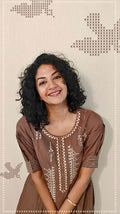 Cocoa Brown Embroidered Cotton Satin A-Line Dress