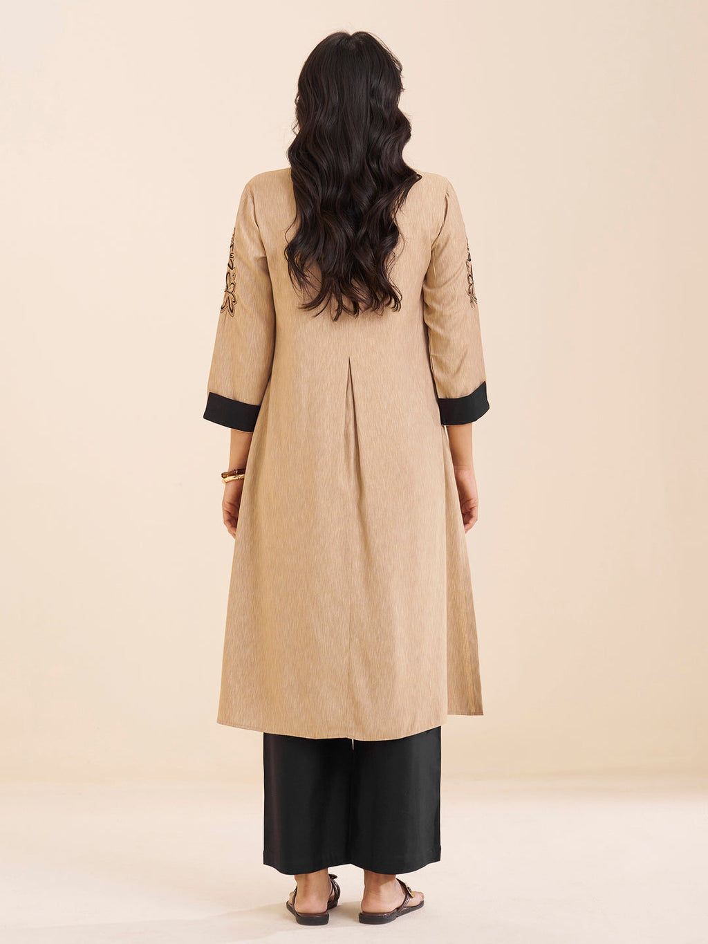 Classic Beige Viscose Blend Kurta with Contrast Accents