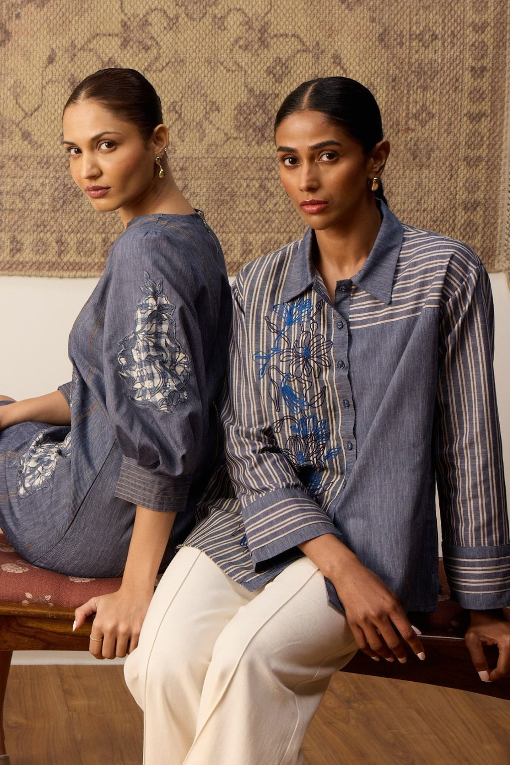 Denim Blue Striped Embroidered Cotton Shirt