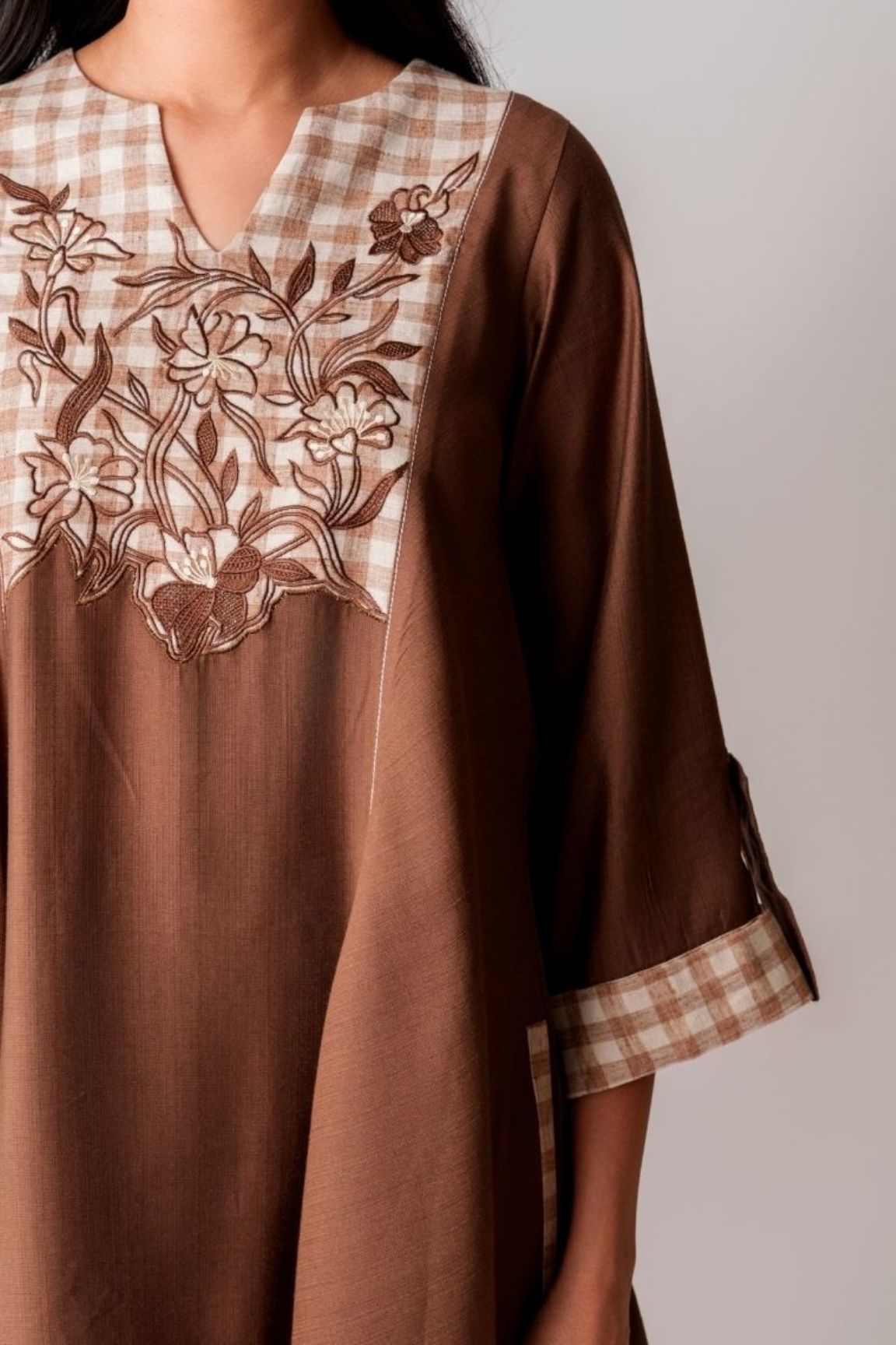 Brown Checkered Floral Embroidered Cotton Dress