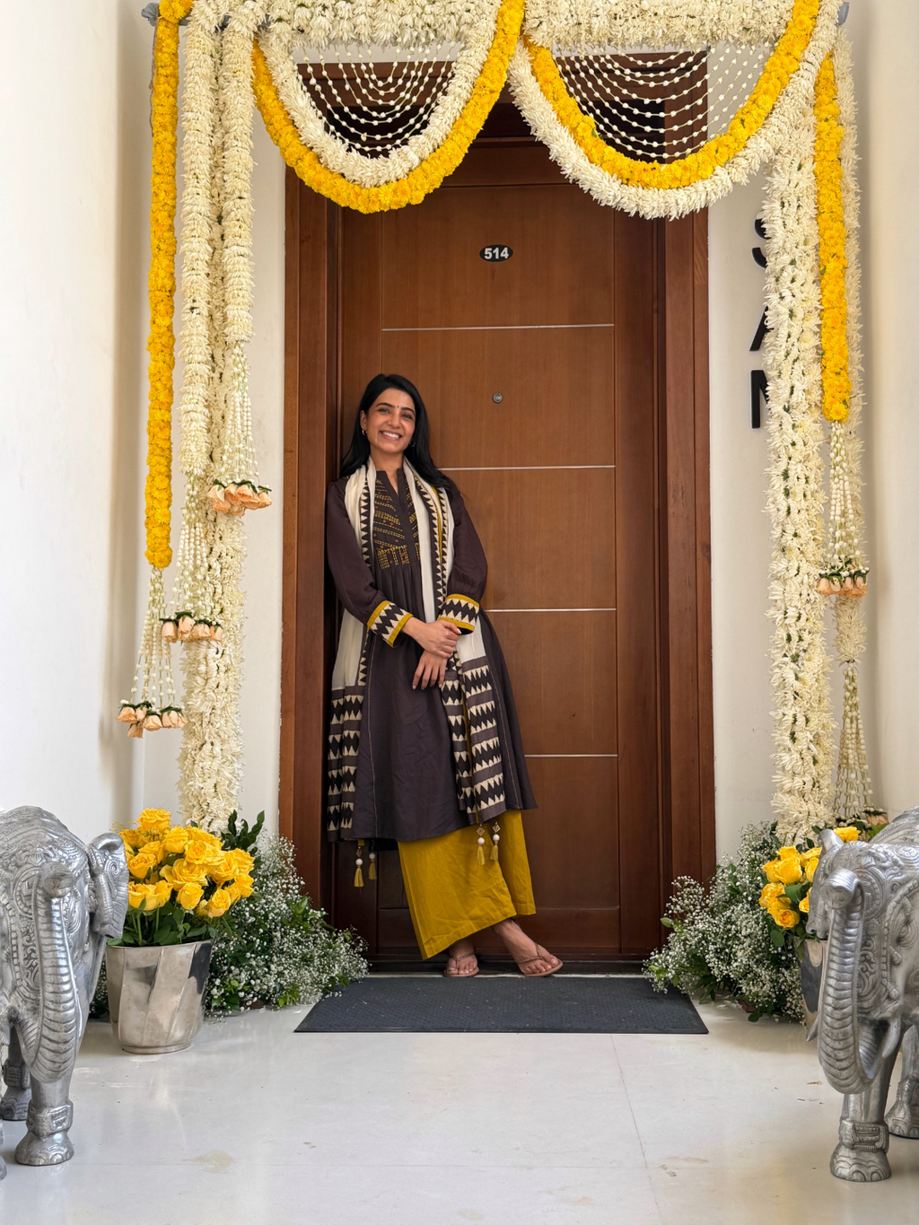 Coffee  Embroidered Cotton Kurta Set with Printed Dupatta