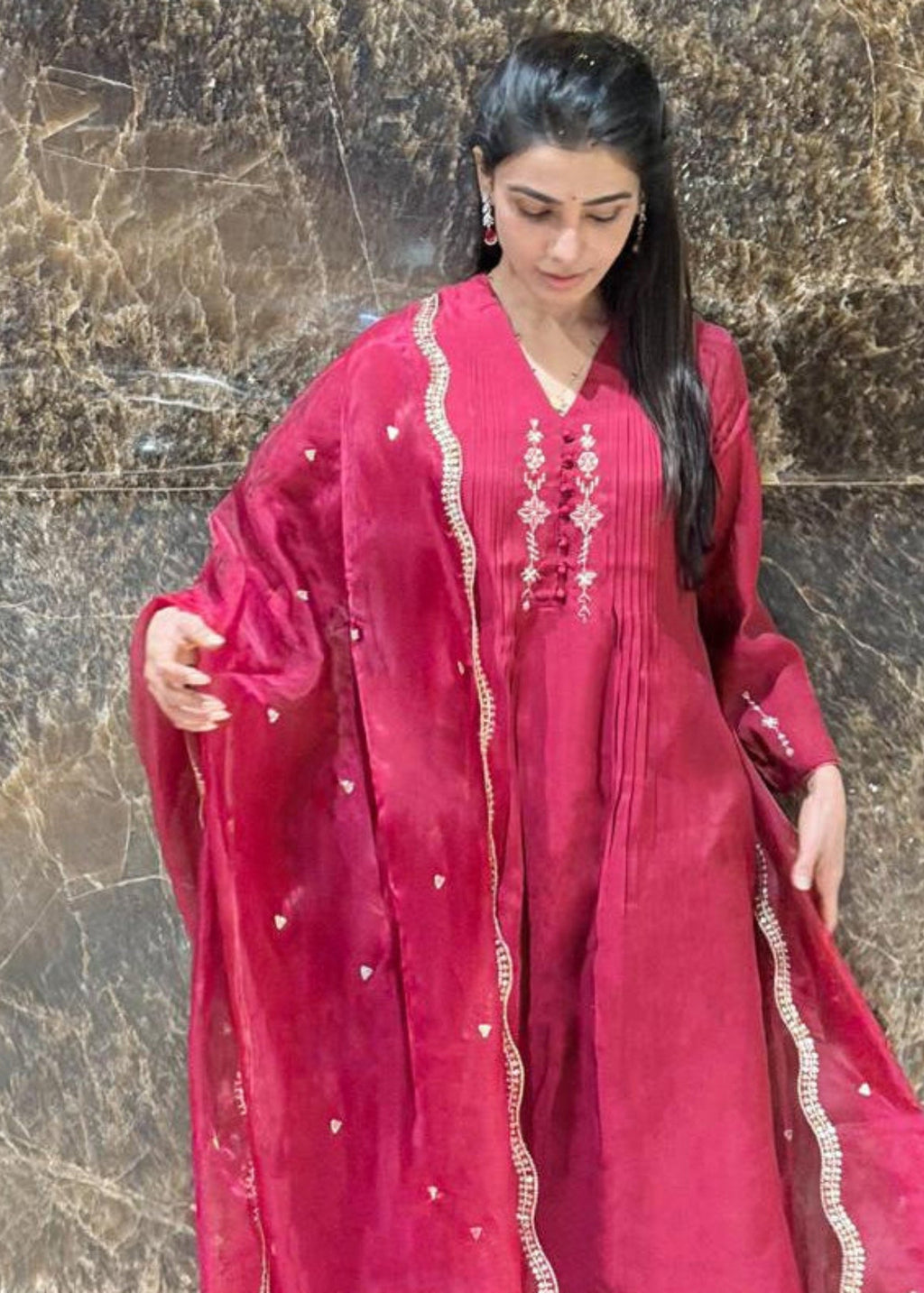 Mauve-Pink Embroidered Suit Set with Dupatta