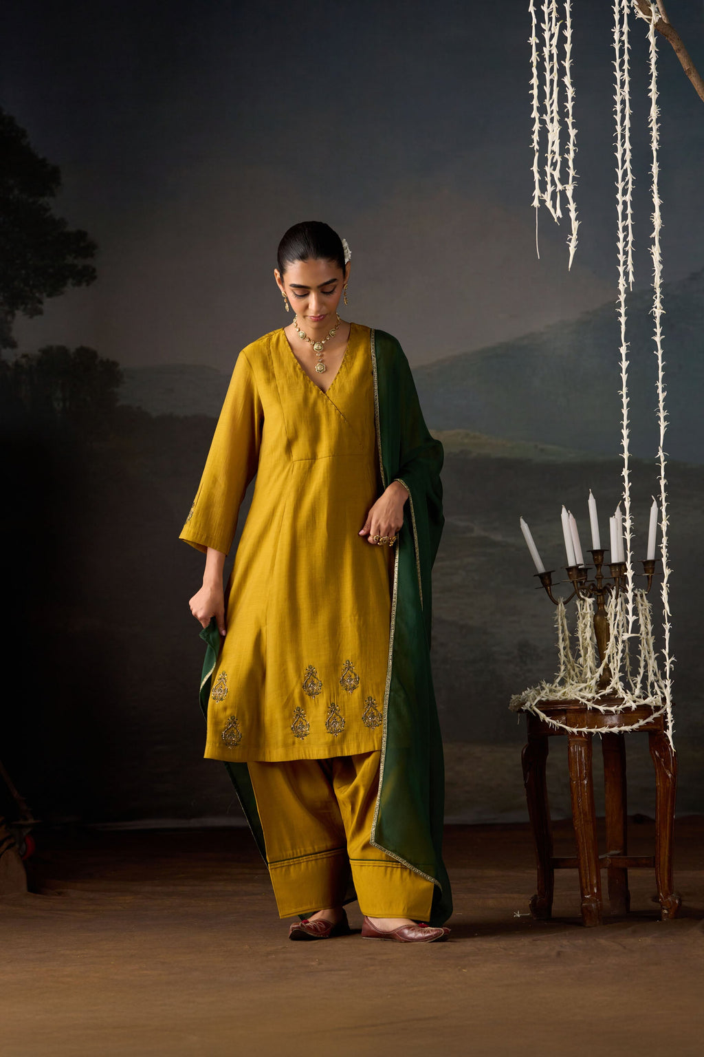 Mustard Angrakha Chanderi Kurta Set with Bottle Green Dupatta
