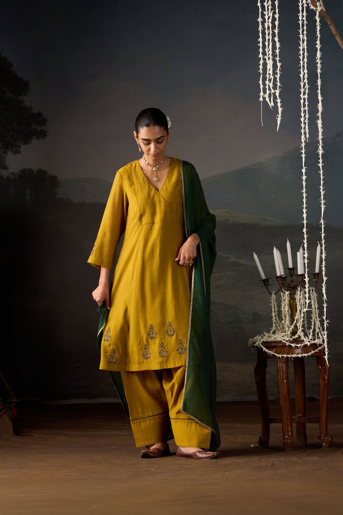 Mustard Angrakha Chanderi Kurta Set with Bottle Green Dupatta