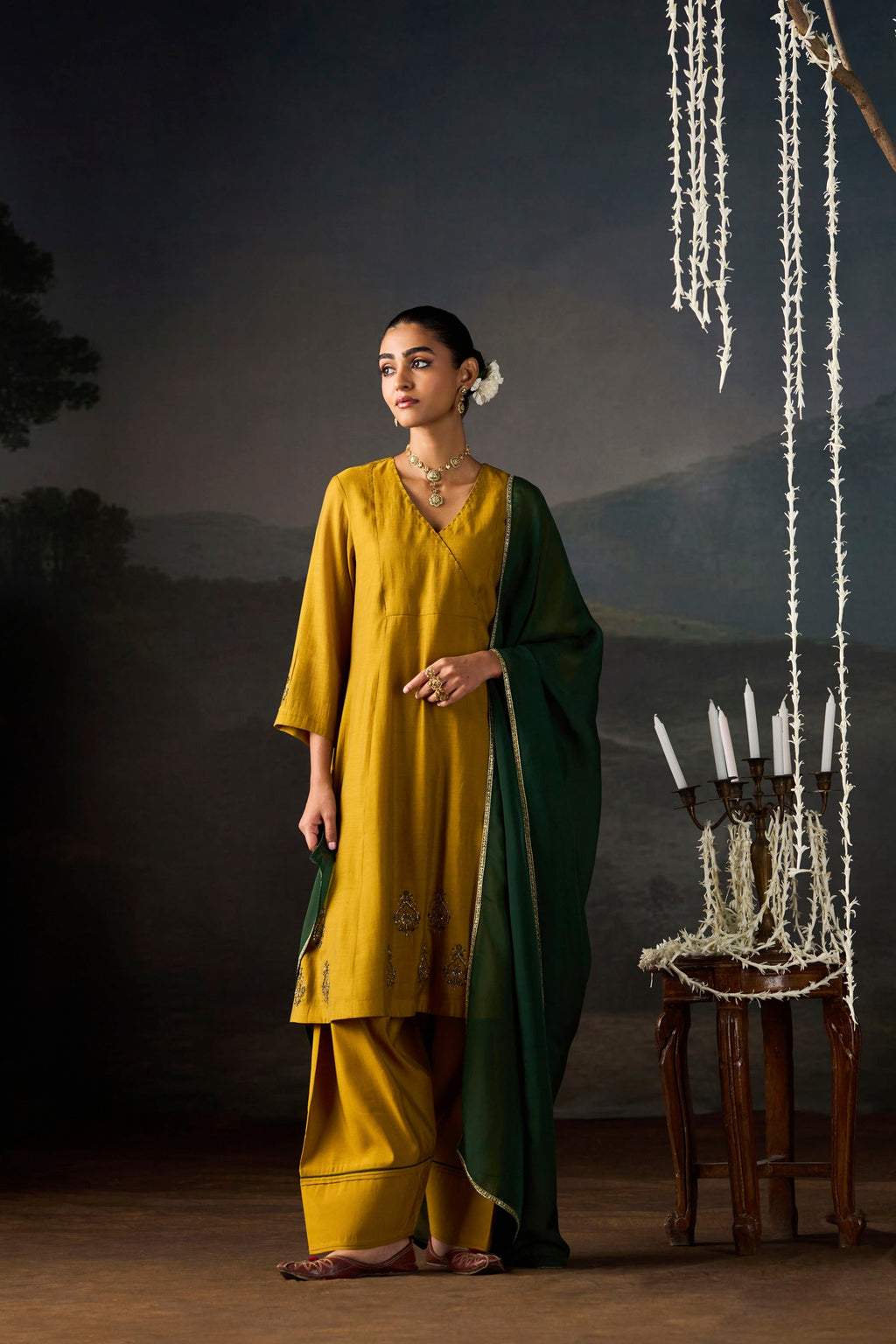 Mustard Angrakha Chanderi Kurta Set with Bottle Green Dupatta