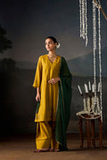 Mustard Angrakha Chanderi Kurta Set with Bottle Green Dupatta