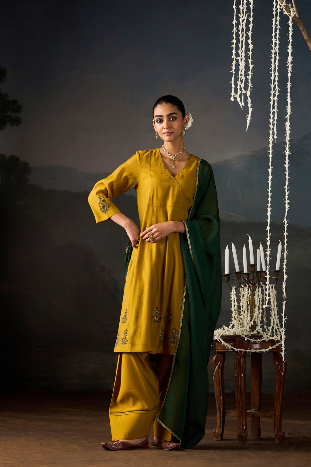 Mustard Angrakha Chanderi Kurta Set with Bottle Green Dupatta