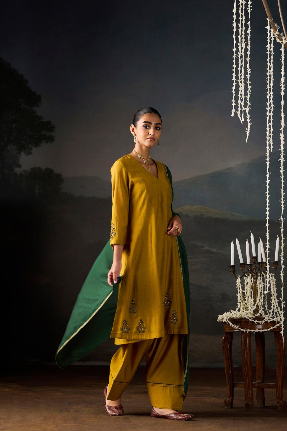 Mustard Angrakha Chanderi Kurta Set with Bottle Green Dupatta