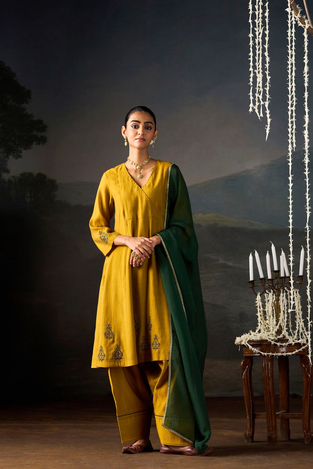 Mustard Angrakha Chanderi Kurta Set with Bottle Green Dupatta