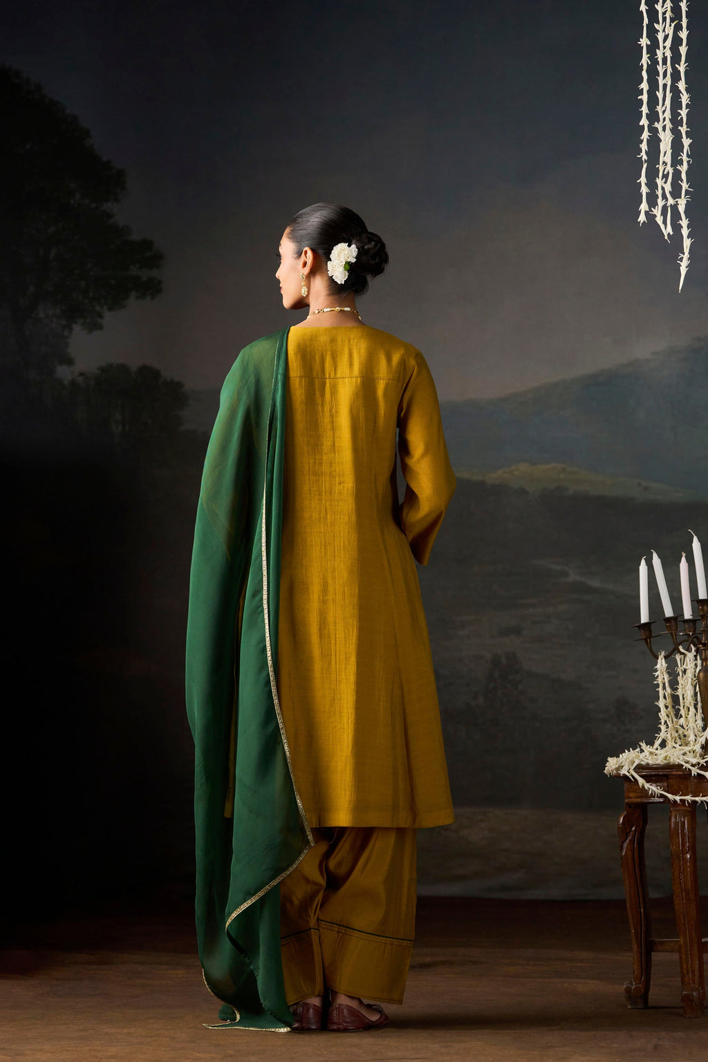 Mustard Angrakha Chanderi Kurta Set with Bottle Green Dupatta