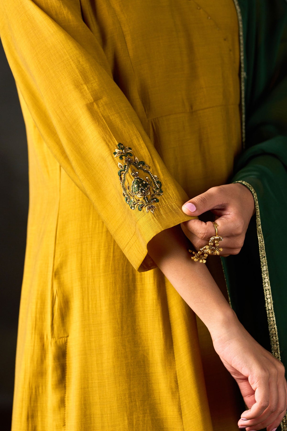 Mustard Angrakha Chanderi Kurta Set with Bottle Green Dupatta