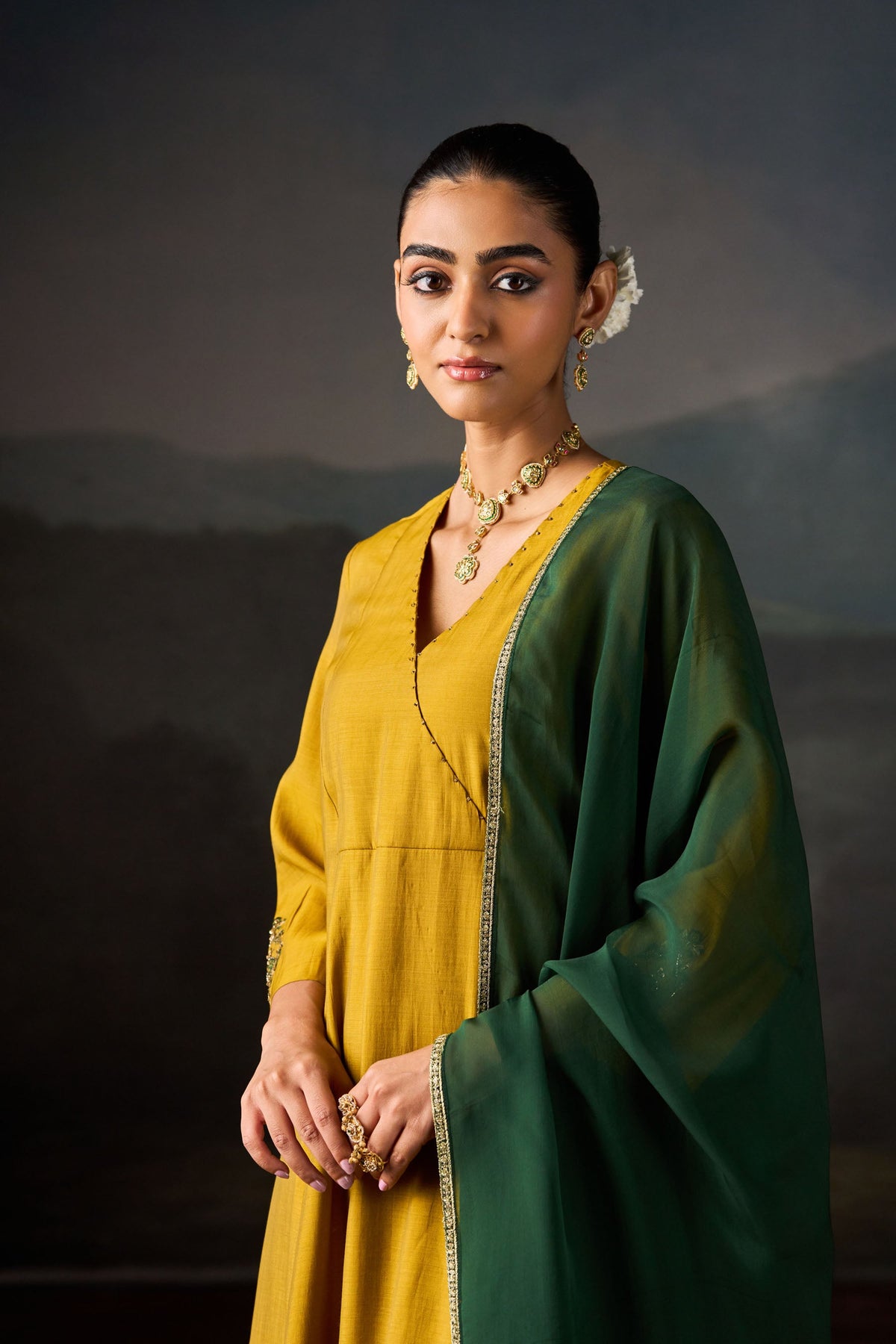 Mustard Angrakha Chanderi Kurta Set with Bottle Green Dupatta