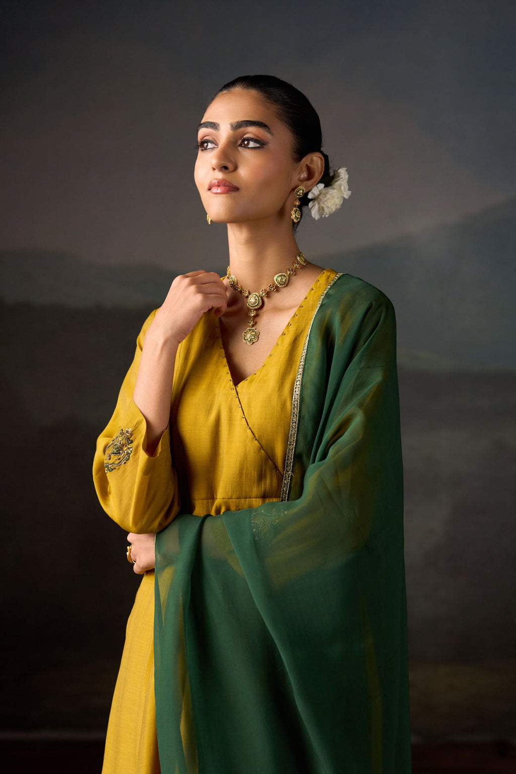 Mustard Angrakha Chanderi Kurta Set with Bottle Green Dupatta