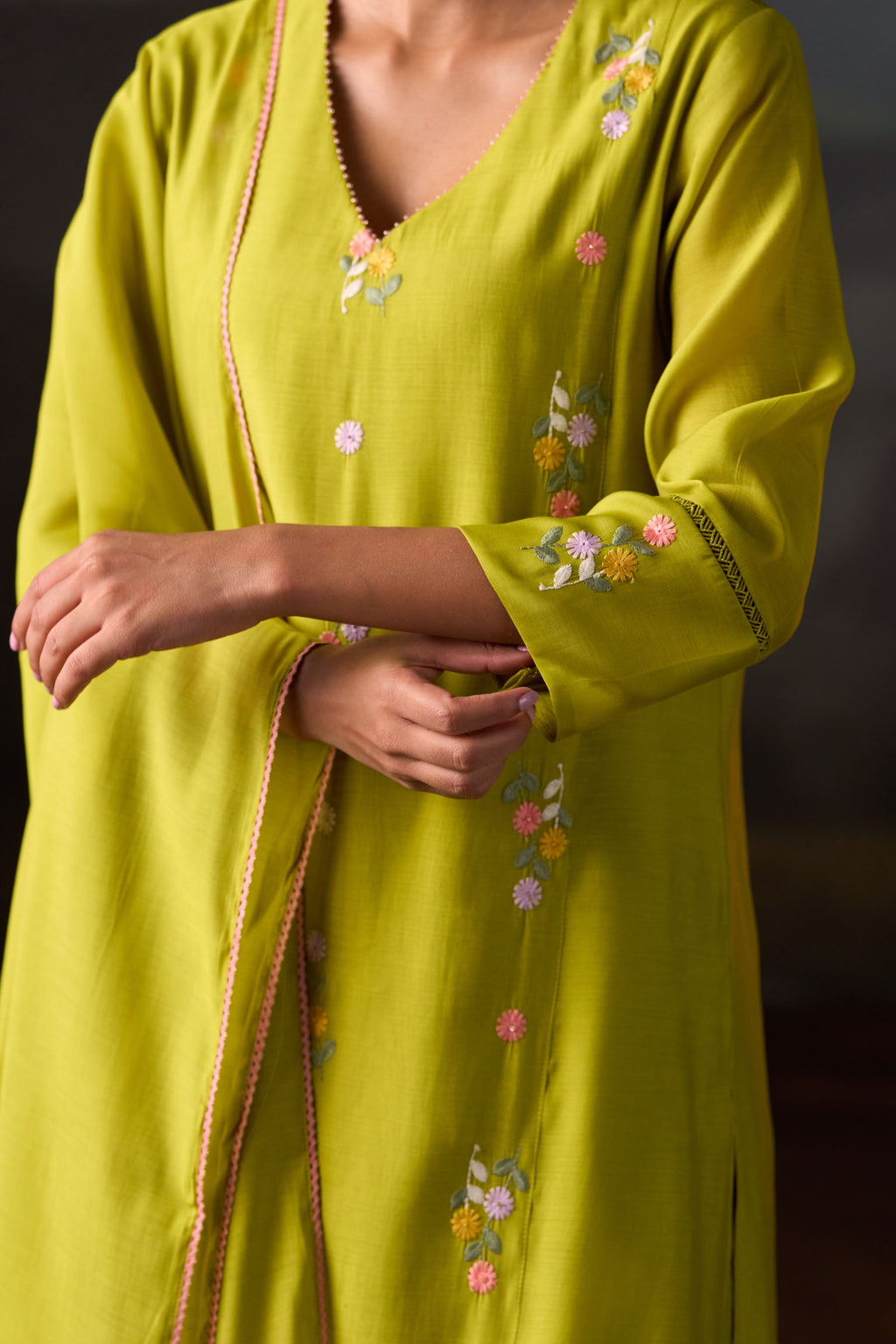 Lime Green Floral Embroidered Kurta Set