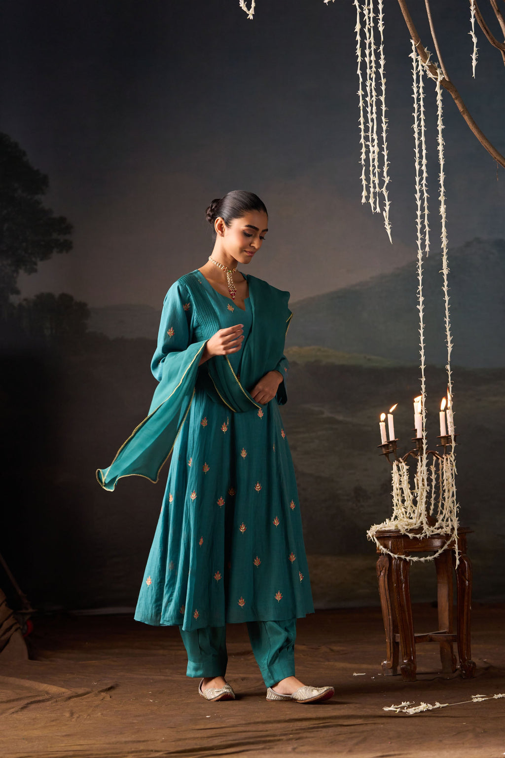 Teal Booti Embroidered Anarkali Set with Dupatta