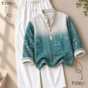 Elegant Teal Printed Shirt & White Relaxed Pants Co-Ord Set