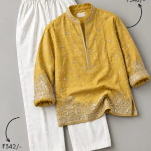 Mustard Embroidered Kurta & White Pants Festive Co-Ord Set