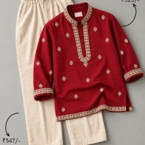 Royal Red Embroidered Kurta & Ivory Pants Festive Co-Ord Set