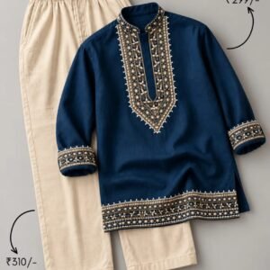 Royal Navy Blue Embroidered Kurta & Ivory Pants Festive Co-Ord Set