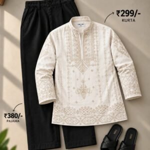 Ivory Embroidered Kurta & Black Pajama Ethnic Co-Ord Set