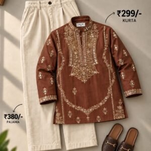 Men’s Brown Embroidered Kurta with Cream Pajama Set