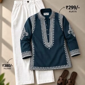 Men’s Embroidered Kurta with White Pajama Set