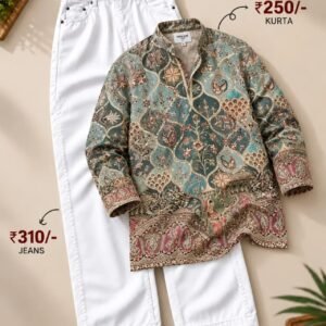 Men’s Printed Kurta with White Jeans Set