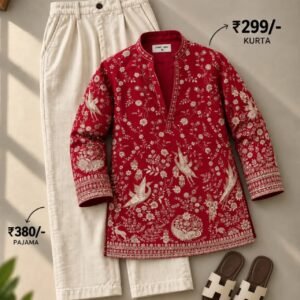 Men’s Red Floral Printed Kurta with Cream Pajama Set