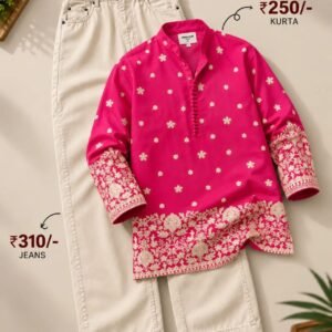 Men’s Pink Printed Kurta with Cream Jeans Set