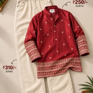 Men’s Red Printed Kurta with Cream Jeans Set