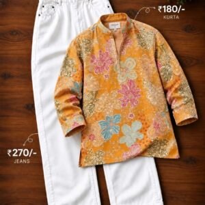 Men’s Yellow Floral Printed Kurta with White Jeans Set