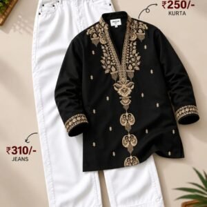 Men’s Black Embroidered Kurta with White Jeans Set