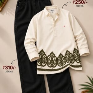 Men’s Cream Printed Kurta with Black Jeans Set