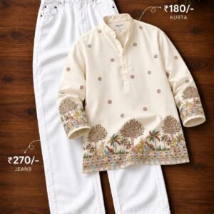 Men’s Cream Printed Kurta with White Jeans Set