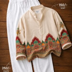 Men’s Cream Ethnic Printed Shirt with White Pants Set