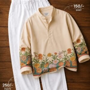 Men’s Cream Floral Printed Kurta with White Jeans Set (Copy)