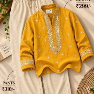 Men’s Mustard Yellow Embroidered Kurta with Cream Pants Set
