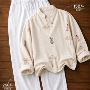 Men’s Cream Printed Kurta with White Pants Set