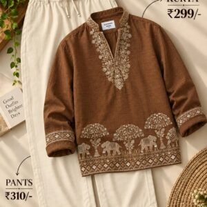 Men’s Brown Embroidered Kurta with Cream Pants Set