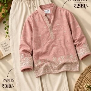 Men’s Pink Printed Kurta with Cream Pants Set