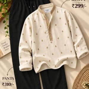 Men’s Cream Printed Kurta with Black Pants Set