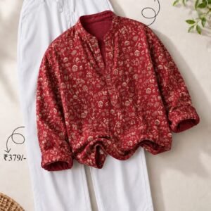 Maroon Printed Ethnic Kurta with White Straight-Fit Pants Set for men