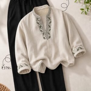 Ivory Embroidered Kurta with Black Straight Pants Set for men