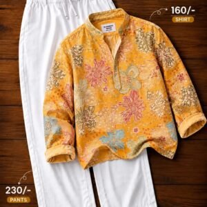Men’s Mustard Floral Printed Shirt with White Pants Set