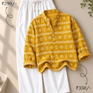 Men’s Mustard Yellow Printed Kurta with White Pants Set